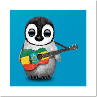 Baby Penguin Playing Ethiopian Flag Guitar Posters and Art